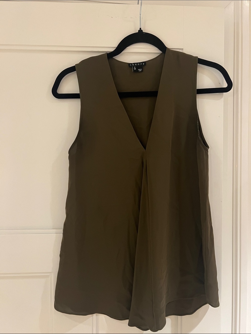 Theory Olive Green V-Neck Draped Sleeveless Top